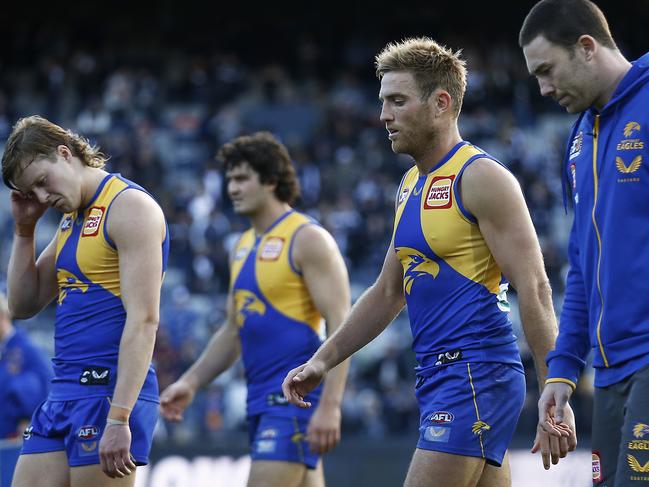 GEELONG, AUSTRALIA - APRIL 24: Eagles players look dejected after the round six AFL match between the Geelong Cats and the West Coast Eagles at GMHBA Stadium on April 24, 2021 in Geelong, Australia. (Photo by Daniel Pockett/AFL Photos/via Getty Images)