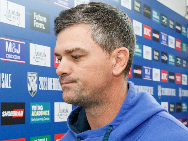 DAILY TELEGRAPH. SPORT. Canterbury-Bankstown Bulldogs coach Cameron Ciraldo fronts the media at Bulldogs HQ after yesterdayÃs news that a player had walked out over a punishment during trining. 30/08/2023. Pic by Max Mason-Hubers