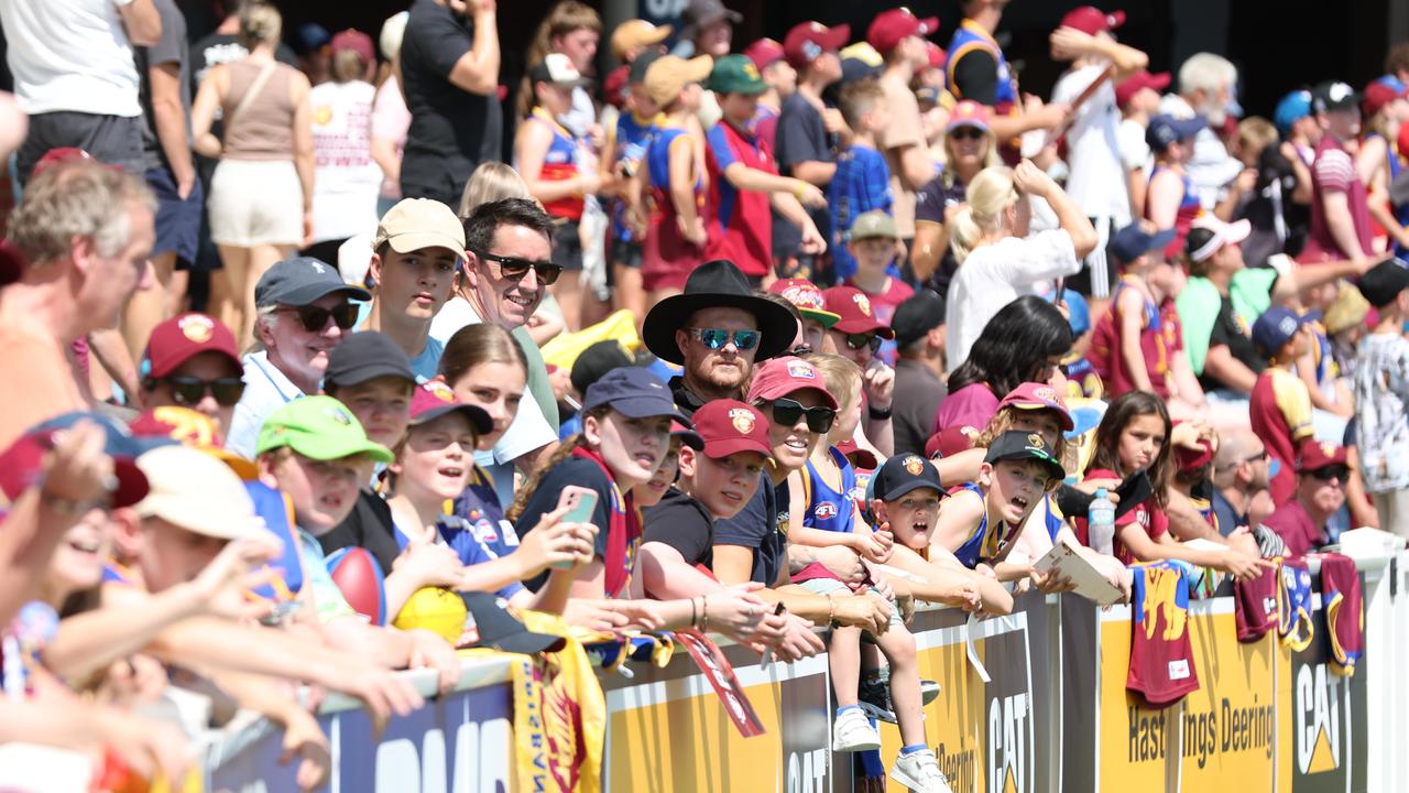 Fans flock to Brighton Homes Arena to watch the Lions final home training session before heading to Melbourne for the grand final. Picture: Lachie Millard