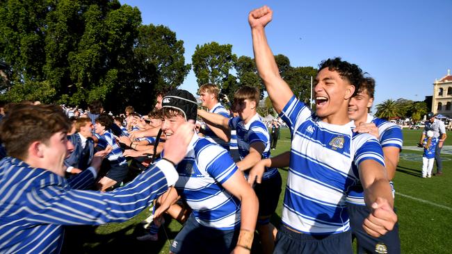 Jubilation for two try Nudgee hero Prestyn Laine-Sietu and his teammates. GPS first XV rugby grand final, Nudgee College Vs BSHS. Saturday September 7, 2024. Picture, John Gass