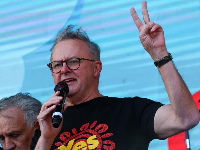 SHEPPARTON, AUSTRALIA - OCTOBER 06: Prime Minister of Australia Anthony Albanese addresses the crowd wearing a 'Yes' T-shirt at 'Now & Forever' at Shepparton Showgrounds on October 06, 2023 in Shepparton, Australia. An Artist and First Nations-led initiative, 'Now & Forever' is a celebration and invitation to stand in solidarity with community to amplify choosing yes for the 2023 Referendum. (Photo by Asanka Ratnayake/Getty Images)