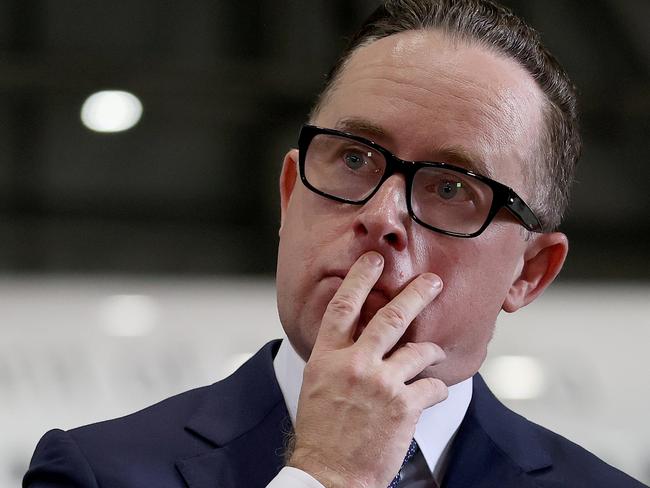 SYDNEY, AUSTRALIA - NewsWire Photos MARCH 11, 2021: Pictured Qantas CEO Alan Joyce during a press conference at Qantas Hangar 96 at Sydney Airport in Sydney NSW. Picture: NCA NewsWire / Dylan Coker