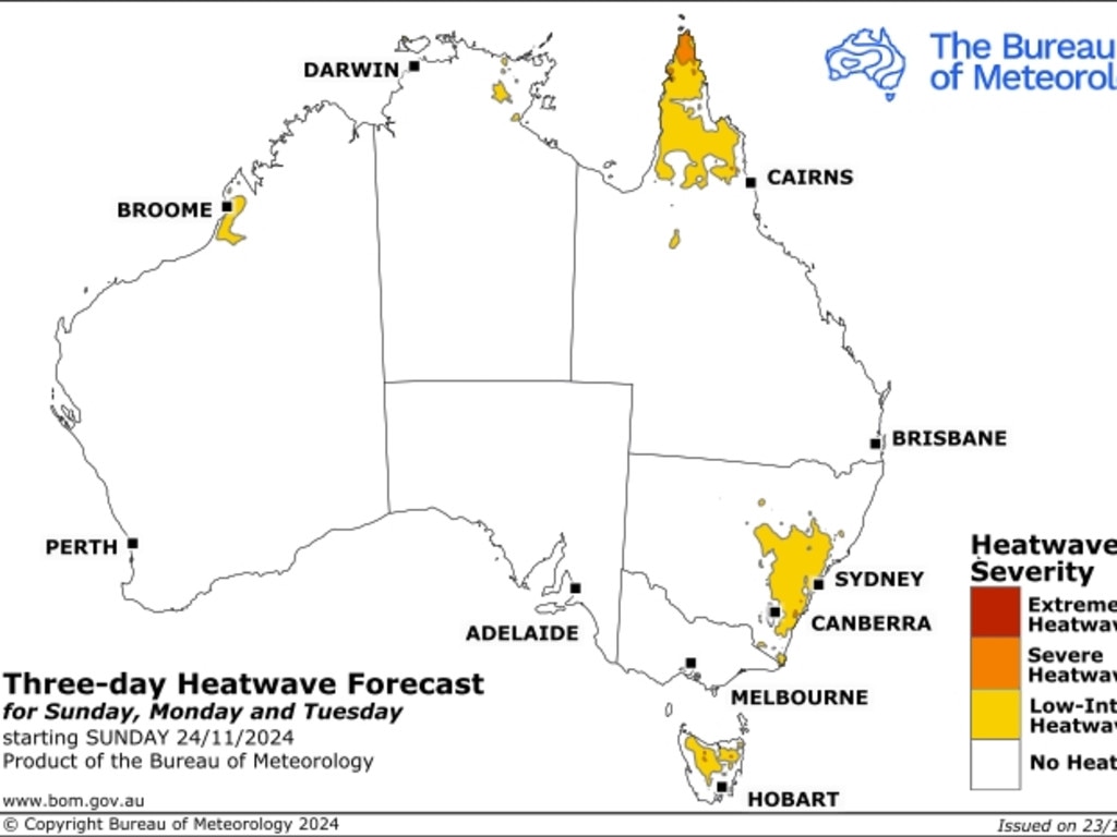 The national three-day heatwave forecast, from Sunday. Picture: Bureau of Meteorology