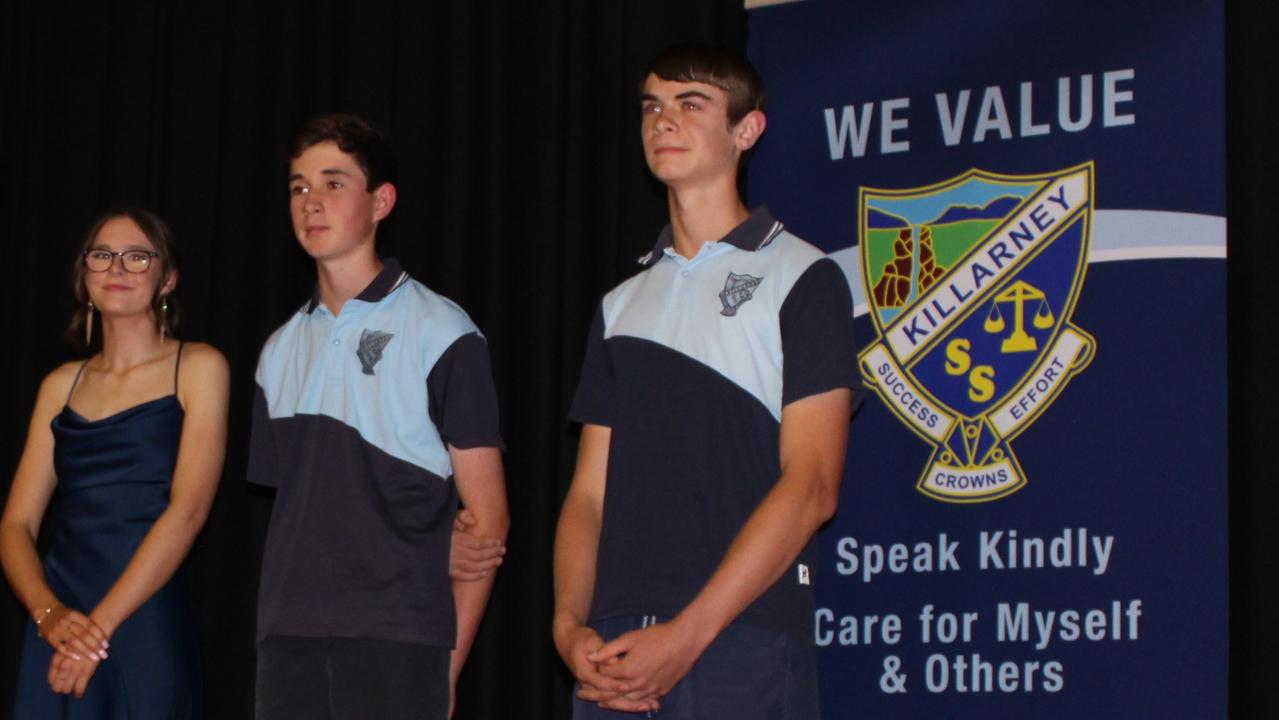 Killarney P-10 SS 2021 school captain Amy Beck with 2022 school captain Mac Lehman and vice-captain Toby Paterson.