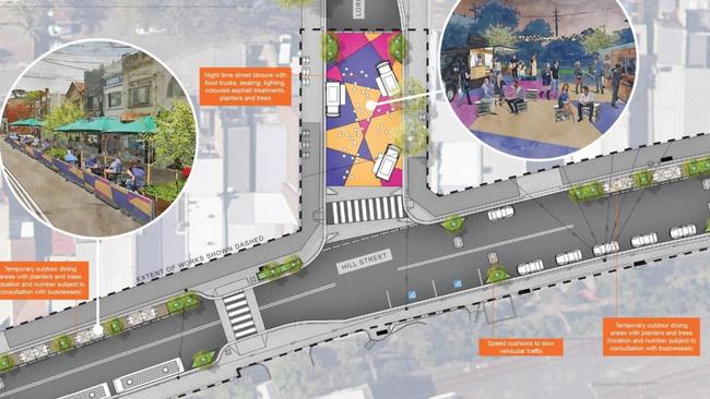 A site plan of the new pedestrian friendly zones in Roseville.