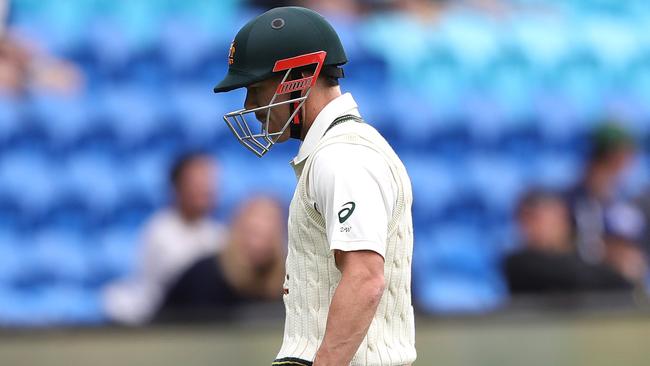 David Warner walks off after being dismissed in the first over at Blundstone Arena.