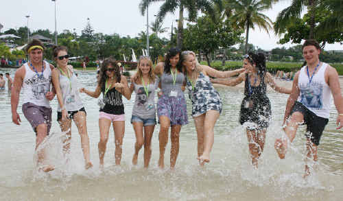 Making a splash at Airlie Beach Lagoon for Whitsunday Schoolies, at the weekend are, from left, Matt Collins, Elmie vander Westhuizen, Demi Nicoll, Hayley Forrester, Morgan Tween, Casey Jensen, Lauren Gruber and Mat McCurry. Picture: Courtney Garnham Whitsunday Times