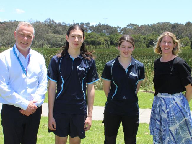 College Dux Albert Van Der Kaap and VCE VM Dux Kayla Jennison with college principal Tony Roberts and assistant principal Jacqui Telford