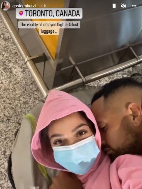 Nick Kyrgios and girlfriend Costeen Hatzi were stranded in Toronto airport thanks to delayed flights and lost luggage. Picture: Instagram