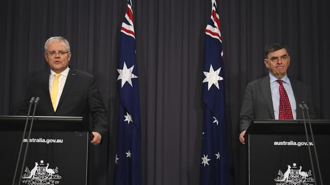 Prime Minister Scott Morrison and Australia's Chief Medical Officer Brendan Murphy&gt; Picture: Lukas Coch (Pool/Getty Images).