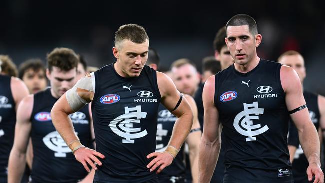 Patrick Cripps leads the team off after their loss to Essendon. Picture: Quinn Rooney/Getty Images