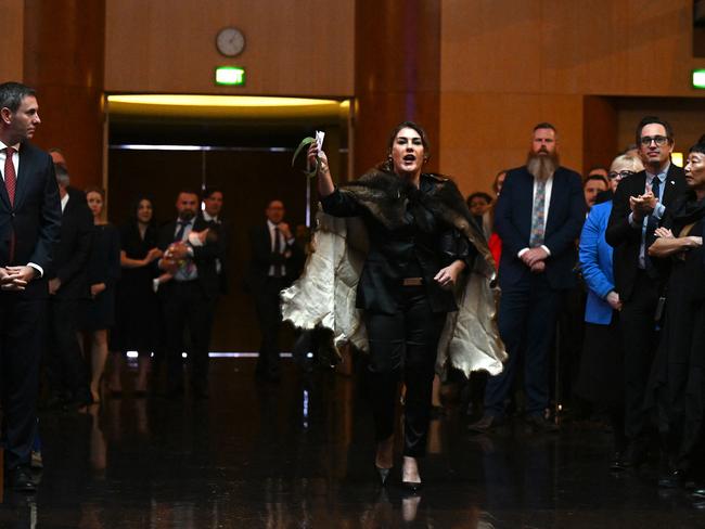 Australian Senator Lidia Thorpe interrupted a parliamentary reception for King Charles and Queen Camilla at Parliament House in Canberra. Picture: NewsWire / POOL / Lukas Coch