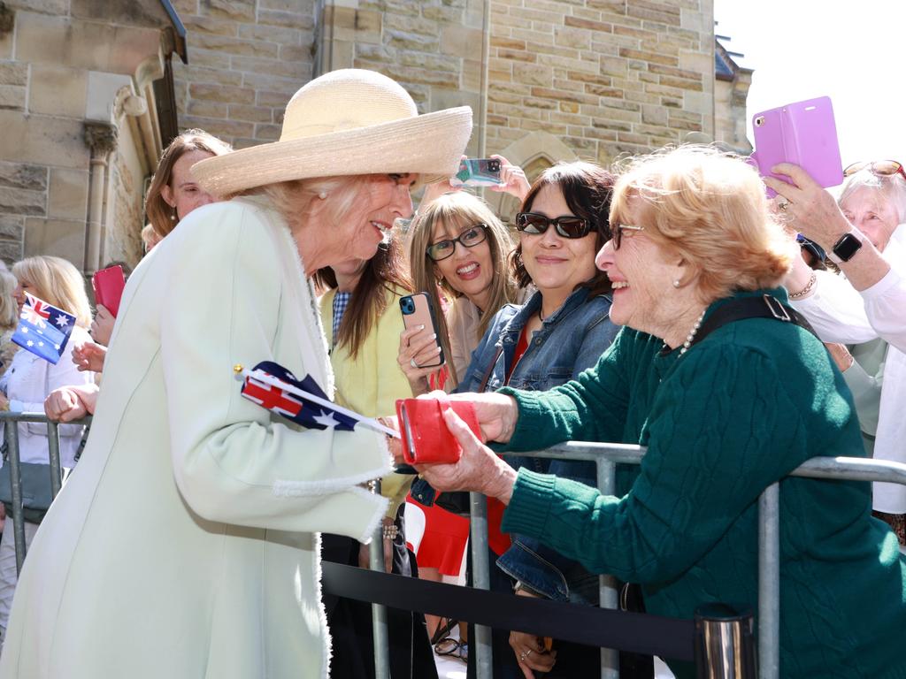 Queen Camilla greets supporters as she departs following a service at St. Thomas's Anglican Church in Sydney, Australia. Picture: Getty Images