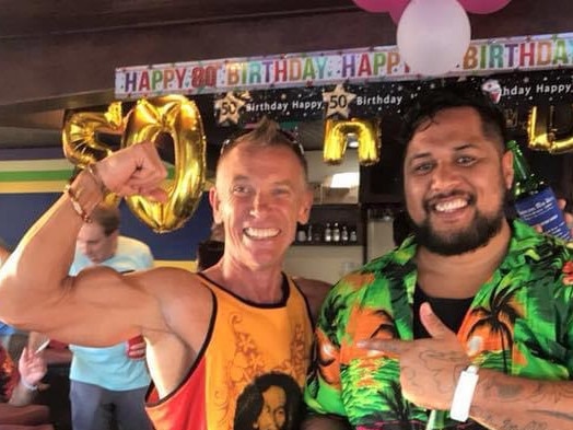 Australian man Craig Laidley, who drowned at Balian Beach, Blai, is pictured with Richard Daniels at a Laidley family party in Bali in 2018. Picture: Supplied