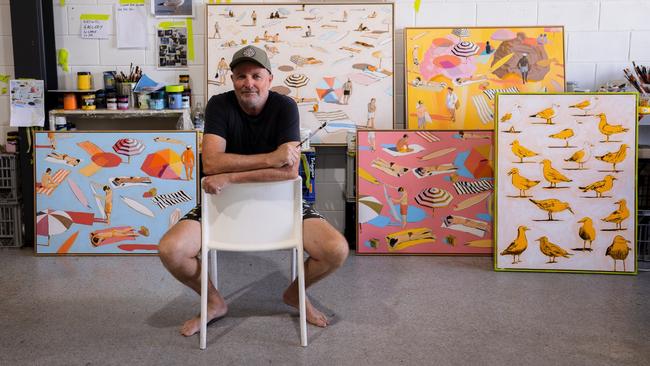 Australian artist Mitchell English in his studio at Noosa, on Queensland's Sunshine Coast, where he has been preparing for his solo “Mirror Maze” exhibition, opening on Saturday at the Sydney Road Gallery, Balgowlah. Picture: Supplied