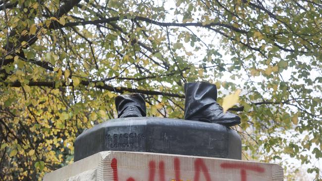 The William Crowther statue in Franklin Square Hobart has been vandalised overnight resulting in the statue being removed from it's plinth and then removed by Hobart City Council. Picture: Nikki Davis-Jones