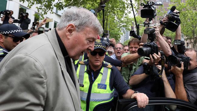 Cardinal George Pell leaves the County Court of Victoria court today. Picture: AFP