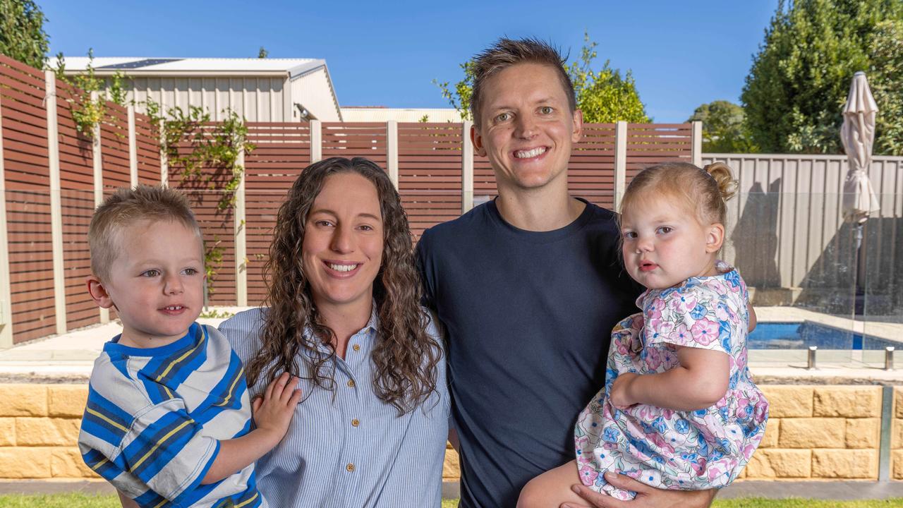 Daniel and Shannon Webber with their children, Miles, 3, and Isobel, 2, at their home in Rostrevor. Picture: Ben Clark