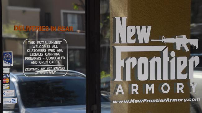 Wild, wild west: Stephen Paddock’s murderous shooting spree started here at the New Frontier Armory in North Las Vegas. It left 59 dead and reignited a heated debate on gun control. Picture: Getty/AFP