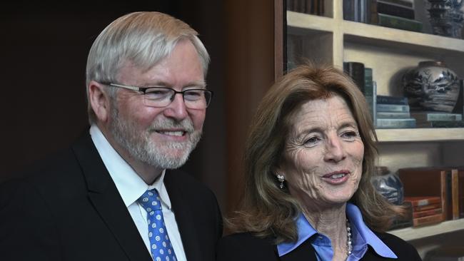 Former prime minister and current ambassador to the US Kevin Rudd with US ambassador to Australia Caroline Kennedy. Picture: NewsWire / Martin Ollman