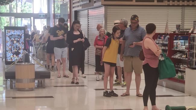 Scores of shoppers extended out the door at Woolworths Unley on Wednesday afternoon. Picture: Lucy Rutherford