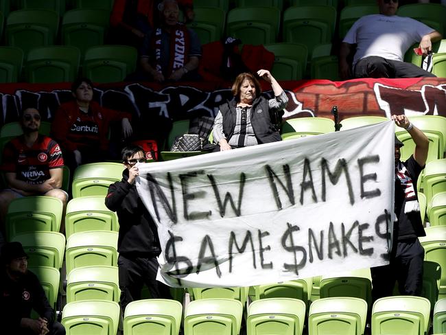 Fans protest the decision to sell the A-League grand finals to Sydney. Picture: Jonathan DiMaggio/Getty Images