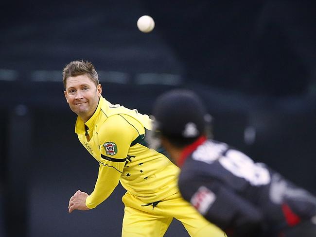 Clarke sends down a ball during the warm-up match against UAE. Picture: Wayne Ludbey.