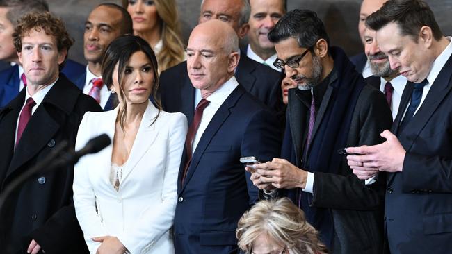 Meta CEO Mark Zuckerberg, Amazon founder Jeff Bezos, Google CEO Sundar Pichai and Tesla and SpaceX CEO Elon Musk ahead of President Donald Trump’s inauguration. Picture: Getty Images