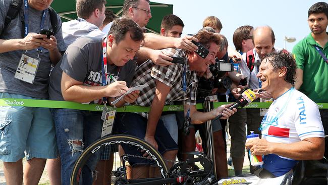 Italy's Alex Zanardi is interviewed after winning gold in the Men's Time Trial H5 in Rio.