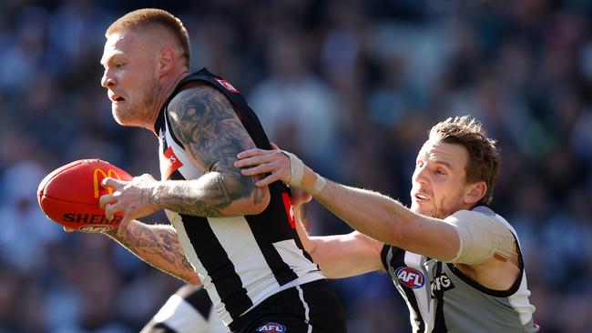 Jordan De Goey was a vocal point up front with two goals for the Magpies. Picture: Michael Willson/AFL Photos via Getty Images