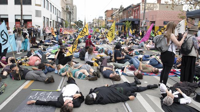 Activists from Extinction Rebellion participate in a protest in Melbourne. Picture: AAP