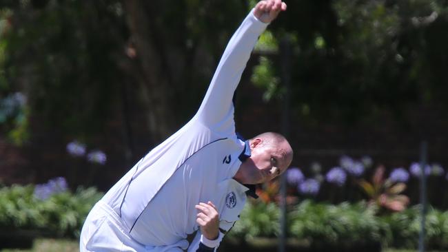 Gold Coast cricket, FIRST GRADE: Broadbeach v Runaway Bay at Broadbeach Cricket Club. runaway Bay Batsman.BroadBeach Fielder. Conan SternbergPic Mike Batterham