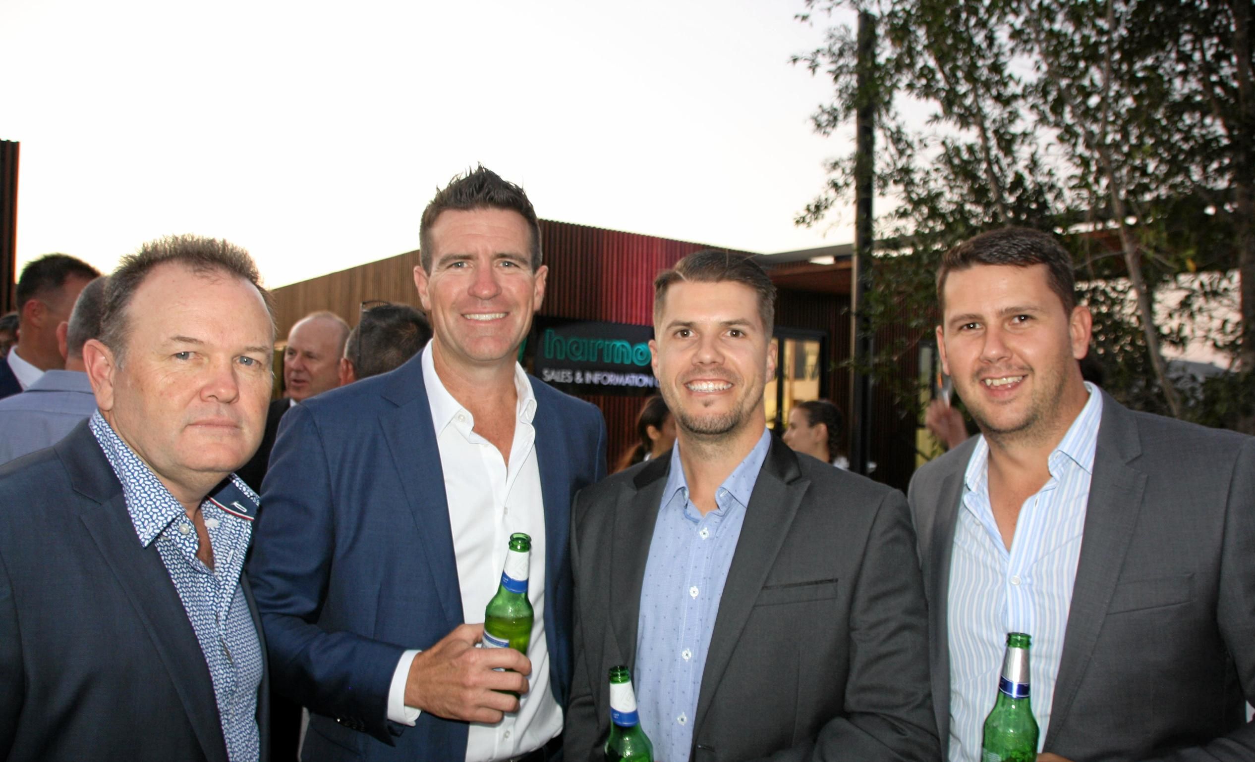 Jason McGarry of Eureka Landscapes with Ray Shadforth of Shadforth Civil Contractors, Chris Howard of AVID and Shaun Livesey of Eureka at AVID Property Group's launch of its new sales and information centre in Palmview's master-planned community of Harmony. Picture: Erle Levey