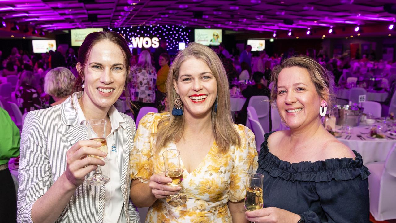 At Toowoomba Hospital Foundation's Women of Strength luncheon are (from left) Emily Close, Rebecca Wilke and Candice McNamara at Rumours International, Friday, August 19, 2022. Picture: Kevin Farmer