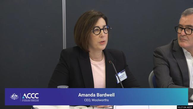 Woolworths chief executive Amanda Bardwell appearing before a ACCC public hearing as part of its ongoing Supermarkets Inquiry. She is sitting next to former Woolworths CEO Brad Banducci.