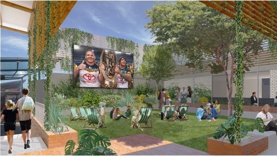 Artist impressions of the City Lane development show an alfresco seating area and large screen. Picture: Lancini Property Group