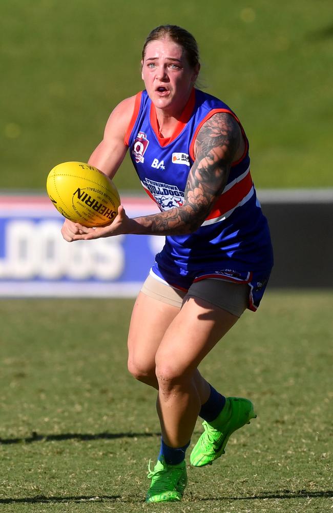 Womens AFL game between Thuringowa Bulldogs Swans and University Hawks at Riverway. Hawks Dana Raguz and Bulldogs Olivia Meagher. Picture: Evan Morgan