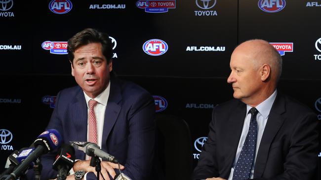 AFL CEO Gillon McLachlan and commission chairman Richard Goyder must act on the Barry Cable allegations. Picture: David Crosling