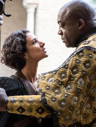 Indira Varma as Ellaria Sand and Deobia Opaeri as Areo Hotah.