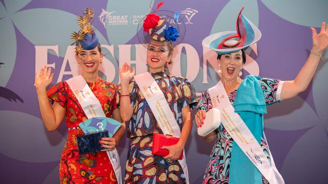 Rachel Barz, Anggie Wibowo Winner and Sally Martin at the 2024 Darwin Cup Carnival Fashions on Field. Picture: Pema Tamang Pakhrin