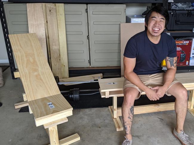 Uel Lim, 31, made his first gym bench out of timber, as a joke before selling a dozen online. Supplied