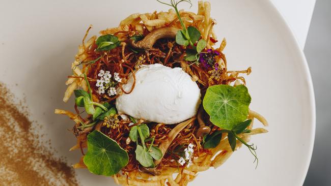 Porcini Nest with porcini dusted egg, potato nest, wild mushroom duxelle and kale. Picture: Supplied.