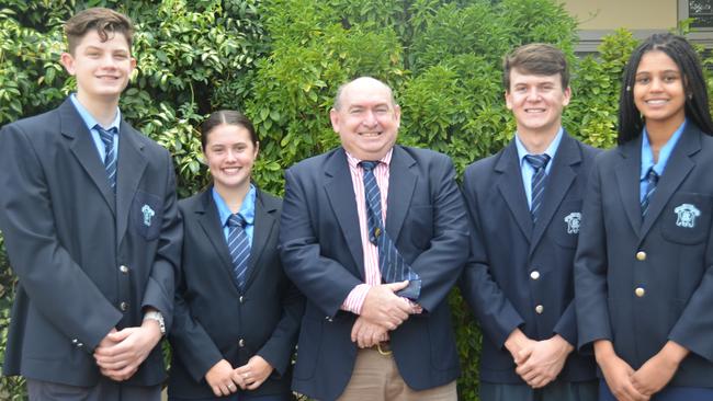 Kingaroy State High School's 2020 student leaders: Toby Schmidt (vice captain), Olivia Eriksen (school captain), Ashley Roediger (principal), Lachlan Hansen (school captain), and Asha Cooper (vice captain).