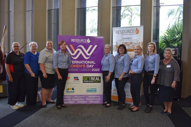 L-R: Awhina Hustler, Jennifer Hopton, Kellie Kiddle, Megan Pettitt, Kendra Watkins, Cherie Abell, Morgan Knap, Christie Best and Jane Macerlean at 2022 International Women's Day Business Lunch in Mackay. Picture: Madeleine Graham