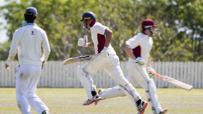 Central Districts batsmen Geoff Klease (left) and Rhys O'Sullivan run hard in their Harding-Madsen match against Western Districts on Saturday. Picture: Kevin Farmer