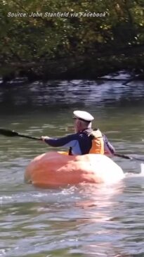 Record pumpkin paddled down Aussie river