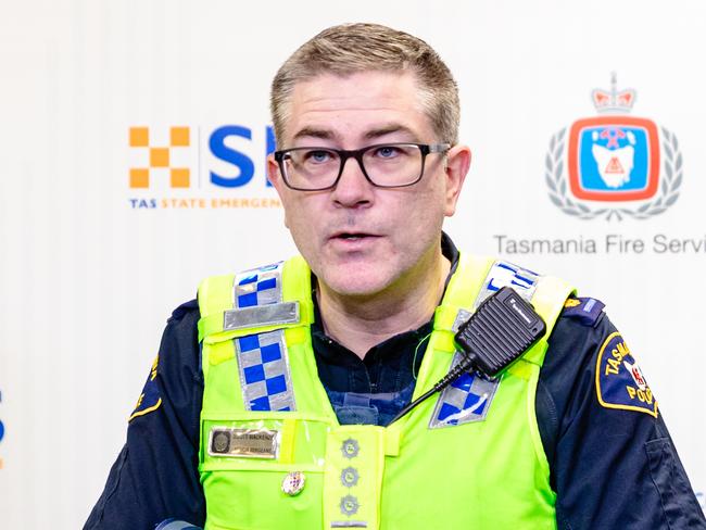 Emergency services give weather warnings on Sunday 30th July 2023. Acting inspector Scott Mackenzie of Tasmania Police. Picture: Linda Higginson