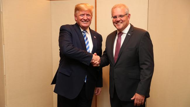 Australian Prime Minister Scott Morrison meets with President Trump for the G20 in Osaka, Japan on June 27, 2019.  Picture: Adam Taylor