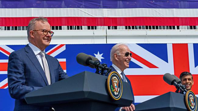 Anthony Albanese, US President Joe Biden and former British prime minister Rishi Sunak at the AUKUS summit in March 2023 in San Diego, California. Picture: PMO