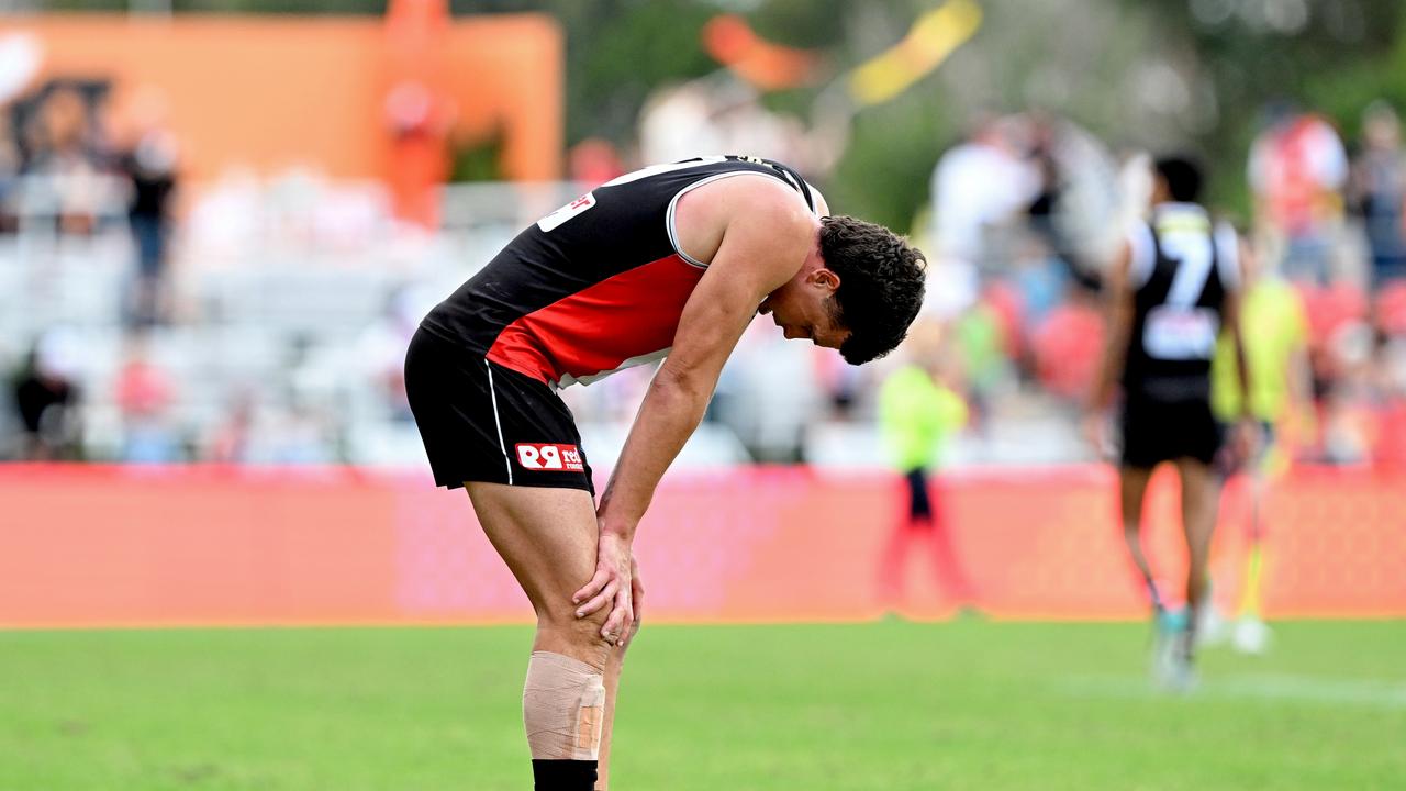 GOLD COAST, AUSTRALIA – JULY 15: Rowan Marshall of the Saints looks dejected after his team loses the round 18 AFL match between Gold Coast Suns and St Kilda Saints at Heritage Bank Stadium, on July 15, 2023, in Gold Coast, Australia. (Photo by Bradley Kanaris/Getty Images)